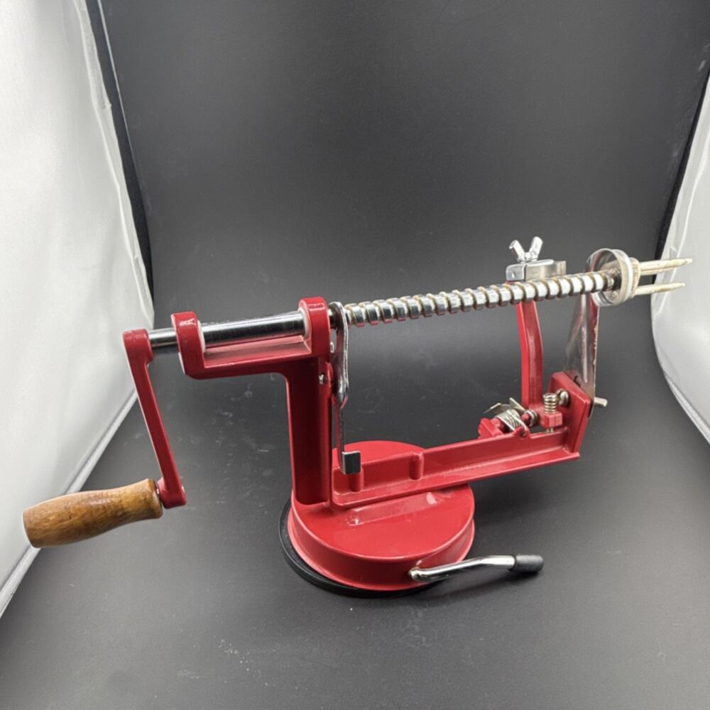 R & M Red Manual Apple Peeler/Corer/Slicer Fruit Tool Metal Base Wood Handle